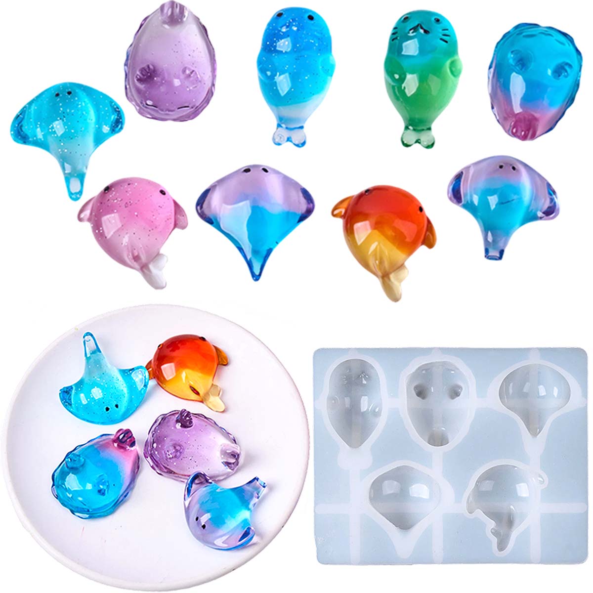 Candle Making Items - 3D-Heilungs-Silikonform mit Kawaii Manta-Rochen- und Wal-Motiv